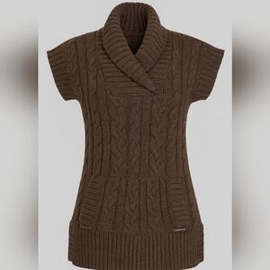 Ruff Hewn Brown Cable Knit Sweater Vest Tunic | Shawl Collar Short Sleeve MEDIUM